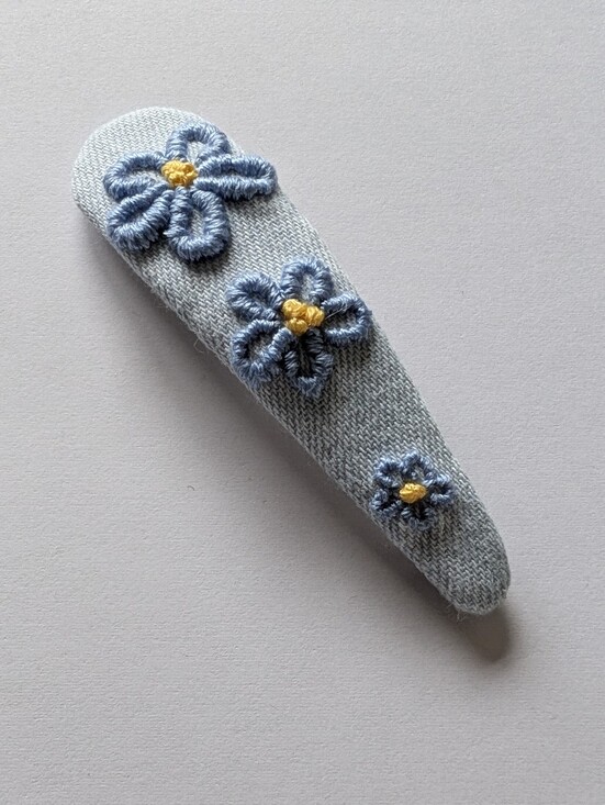 Hand Crafted Accessories - Forget-Me-Nots On Blue Chambray Large Hand Embroidered Handmade Cotton Hair Clip